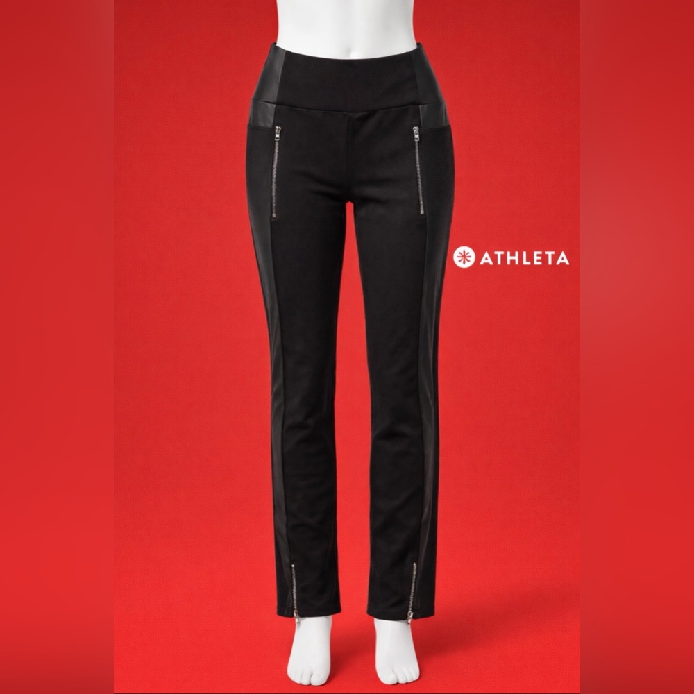 Athleta Metro Moto Leggings Black Faux Leather Trim Zip Pockets Ankle Zips Small